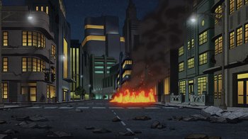 Movie still from “Justice Society: World War II” (2021), directed by Jeff Wamester – An illustration of a street with a fire coming out of it; Extreme Wide shot, High angle