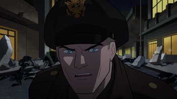 Movie still from “Justice Society: World War II” (2021), directed by Jeff Wamester – An animated picture of a man in a military uniform; Close Up shot, High angle