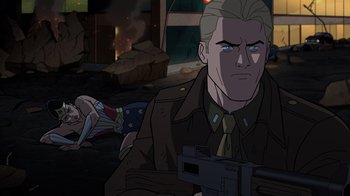 Movie still from “Justice Society: World War II” (2021), directed by Jeff Wamester – An animated scene of a man holding a gun and a woman laying on the ground; Medium shot, High angle