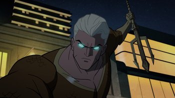 Movie still from “Justice Society: World War II” (2021), directed by Jeff Wamester – A man with white hair is holding a sword in his hand; Medium shot, Low angle