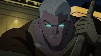 Movie still from “Justice Society: World War II” (2021), directed by Jeff Wamester – A man with glowing green eyes; Close Up shot, Low angle