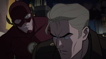 Movie still from “Justice Society: World War II” (2021), directed by Jeff Wamester – A man with blonde hair and a red and black suit is next to a man with blonde hair; Close Up shot, Over the shoulder angle