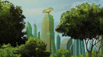 Movie still from “Justice Society: World War II” (2021), directed by Jeff Wamester – An illustration of a city with trees and buildings in the background; Extreme Wide shot, Low angle