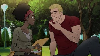 Movie still from “Justice Society: World War II” (2021), directed by Jeff Wamester – A man and a woman are eating a sandwich outside; Medium shot, Over the shoulder angle