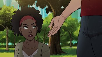 Movie still from “Justice Society: World War II” (2021), directed by Jeff Wamester – An animated scene of a person reaching out to a woman; Close Up shot, Over the shoulder angle