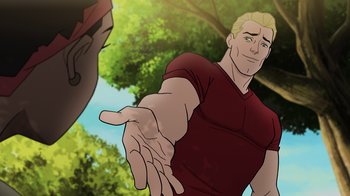 Movie still from “Justice Society: World War II” (2021), directed by Jeff Wamester – An animated picture of a man holding his hand out to another man; Medium shot, Over the shoulder angle