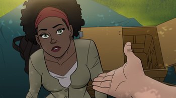 Movie still from “Justice Society: World War II” (2021), directed by Jeff Wamester – An animated woman sitting in front of a hand; Close Up shot, Over the shoulder angle