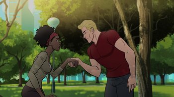 Movie still from “Justice Society: World War II” (2021), directed by Jeff Wamester – A man and a woman holding hands in a park; Medium shot, Low angle