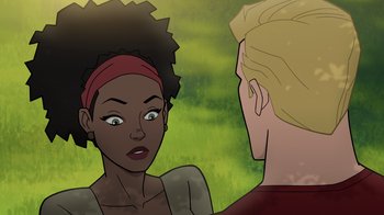 Movie still from “Justice Society: World War II” (2021), directed by Jeff Wamester – A woman and a man are talking to each other; Close Up shot, Over the shoulder angle