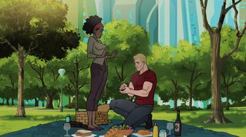 Movie still from “Justice Society: World War II” (2021), directed by Jeff Wamester – A man and a woman sitting at a table with food; Wide shot, High angle