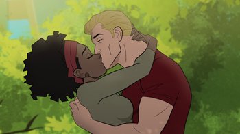Movie still from “Justice Society: World War II” (2021), directed by Jeff Wamester – A couple of people that are kissing in the grass; Close Up shot, Low angle