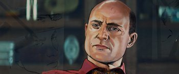 Movie still from “Kick-Ass” (2010), directed by Matthew Vaughn – A painting of a bald man with a red shirt; Close Up shot, Low angle