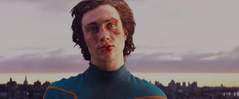 Movie still from “Kick-Ass” (2010), directed by Matthew Vaughn – A young man with bruises on his face; Close Up shot, Low angle