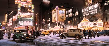 Movie still from “King Kong” (2005), directed by Peter Jackson – An old picture of a city street at night; Extreme Wide shot, High angle