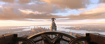 Movie still from “King Kong” (2005), directed by Peter Jackson – A view of a city from the top of a building; Extreme Wide shot, Low angle