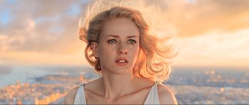 Movie still from “King Kong” (2005), directed by Peter Jackson – A beautiful young blond haired woman in a white dress; Close Up shot, Low angle