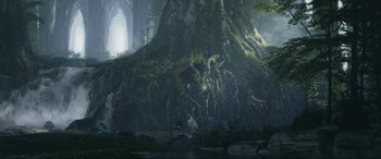 Movie still from “Kingsglaive: Final Fantasy XV” (2016), directed by Takeshi Nozue – Two people are standing in front of an old tree; Extreme Wide shot, Low angle