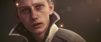 Movie still from “Kingsglaive: Final Fantasy XV” (2016), directed by Takeshi Nozue – A person's face with a blurry background; Close Up shot, High angle