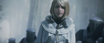 Movie still from “Kingsglaive: Final Fantasy XV” (2016), directed by Takeshi Nozue – A woman with blonde hair wearing a white cape; Close Up shot, Over the shoulder angle