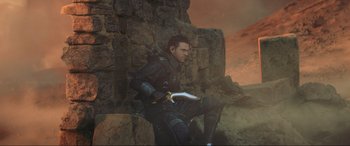 Movie still from “Kingsglaive: Final Fantasy XV” (2016), directed by Takeshi Nozue – A man sitting on top of a cliff holding a sword; Wide shot, Low angle