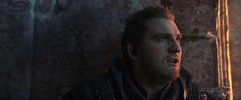 Movie still from “Kingsglaive: Final Fantasy XV” (2016), directed by Takeshi Nozue – A person with a beard; Close Up shot, Low angle