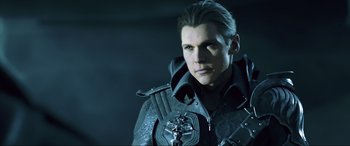 Movie still from “Kingsglaive: Final Fantasy XV” (2016), directed by Takeshi Nozue – A person wearing a jacket; Close Up shot, Over the shoulder angle