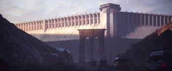 Movie still from “Kingsglaive: Final Fantasy XV” (2016), directed by Takeshi Nozue – Cars are parked near a bridge in the middle of the day; Extreme Wide shot, Low angle