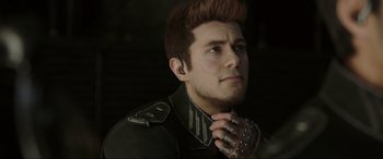 Movie still from “Kingsglaive: Final Fantasy XV” (2016), directed by Takeshi Nozue – A man in a leather jacket adjusting his neck tie; Close Up shot, Over the shoulder angle