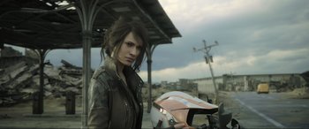 Movie still from “Kingsglaive: Final Fantasy XV” (2016), directed by Takeshi Nozue – A woman standing next to a motorcycle in a parking lot; Close Up shot, Over the shoulder angle