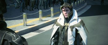 Movie still from “Kingsglaive: Final Fantasy XV” (2016), directed by Takeshi Nozue – A man in a white jacket standing on the side of the street; Medium shot, Over the shoulder angle