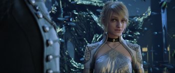 Movie still from “Kingsglaive: Final Fantasy XV” (2016), directed by Takeshi Nozue – A woman in a white dress standing next to a tree; Close Up shot, Over the shoulder angle