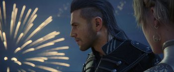 Movie still from “Kingsglaive: Final Fantasy XV” (2016), directed by Takeshi Nozue – A person wearing a jacket; Close Up shot, Over the shoulder angle