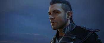 Movie still from “Kingsglaive: Final Fantasy XV” (2016), directed by Takeshi Nozue – A person wearing a jacket; Close Up shot, Low angle