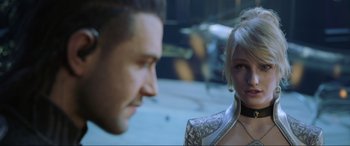Movie still from “Kingsglaive: Final Fantasy XV” (2016), directed by Takeshi Nozue – A man and a woman looking at one another; Close Up shot, Over the shoulder angle