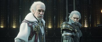 Movie still from “Kingsglaive: Final Fantasy XV” (2016), directed by Takeshi Nozue – A man with white hair and a white beard standing next to another man with white hair; Medium shot, Low angle