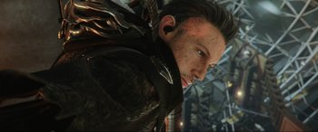 Movie still from “Kingsglaive: Final Fantasy XV” (2016), directed by Takeshi Nozue – A man's face in a video game setting; Close Up shot, Low angle
