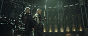 Movie still from “Kingsglaive: Final Fantasy XV” (2016), directed by Takeshi Nozue – Two men standing next to each other holding a sword; Medium shot, Low angle