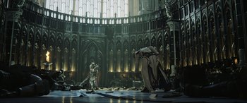 Movie still from “Kingsglaive: Final Fantasy XV” (2016), directed by Takeshi Nozue – An image of a scene in a church setting; Extreme Wide shot, Low angle