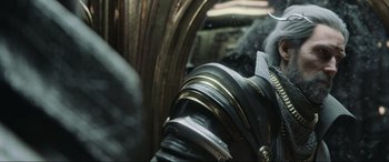 Movie still from “Kingsglaive: Final Fantasy XV” (2016), directed by Takeshi Nozue – View of the armor of a fighter jet pilot; Close Up shot, Low angle
