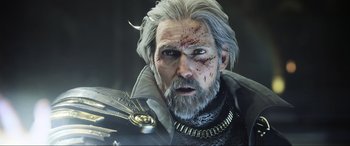 Movie still from “Kingsglaive: Final Fantasy XV” (2016), directed by Takeshi Nozue – An old man with a beard and a white beard; Close Up shot, Low angle