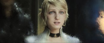Movie still from “Kingsglaive: Final Fantasy XV” (2016), directed by Takeshi Nozue – A woman with blonde hair wearing a black and white outfit; Close Up shot, High angle