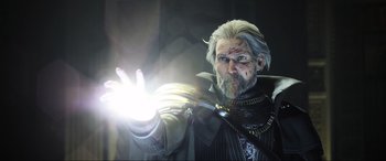 Movie still from “Kingsglaive: Final Fantasy XV” (2016), directed by Takeshi Nozue – An old man holding a sword in his hand; Close Up shot, Low angle