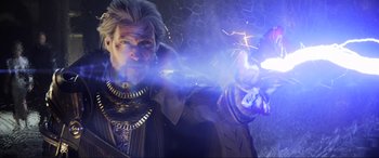 Movie still from “Kingsglaive: Final Fantasy XV” (2016), directed by Takeshi Nozue – An old man is holding a sword in his hand; Medium shot, Low angle