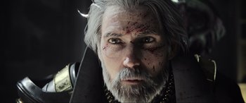 Movie still from “Kingsglaive: Final Fantasy XV” (2016), directed by Takeshi Nozue – An old man with grey hair and a white beard; Close Up shot, Over the shoulder angle