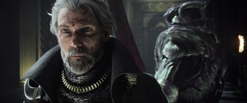 Movie still from “Kingsglaive: Final Fantasy XV” (2016), directed by Takeshi Nozue – A person with a beard; Close Up shot, Over the shoulder angle