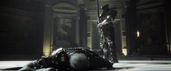 Movie still from “Kingsglaive: Final Fantasy XV” (2016), directed by Takeshi Nozue – A man that is standing over a dead body; Wide shot, Low angle