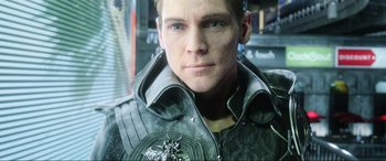 Movie still from “Kingsglaive: Final Fantasy XV” (2016), directed by Takeshi Nozue – A person wearing a leather jacket; Close Up shot, Over the shoulder angle