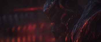 Movie still from “Kingsglaive: Final Fantasy XV” (2016), directed by Takeshi Nozue – View of the face of an alien creature; Extreme Close Up shot, Low angle