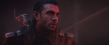 Movie still from “Kingsglaive: Final Fantasy XV” (2016), directed by Takeshi Nozue – A person wearing a jacket; Close Up shot, Over the shoulder angle