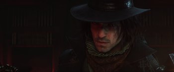 Movie still from “Kingsglaive: Final Fantasy XV” (2016), directed by Takeshi Nozue – A person wearing a hat; Close Up shot, Low angle